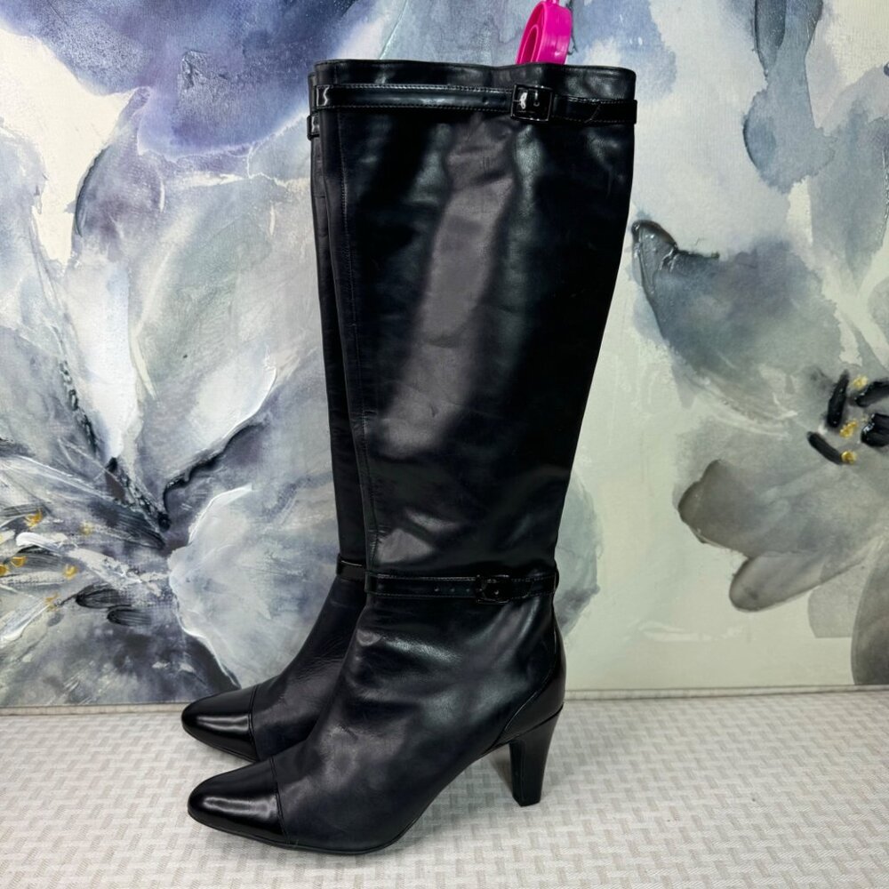 Clarks Womens Leather Knee-High Boots With Buckle Straps & Heels Size 7.5 Black - Picture 1 of 9